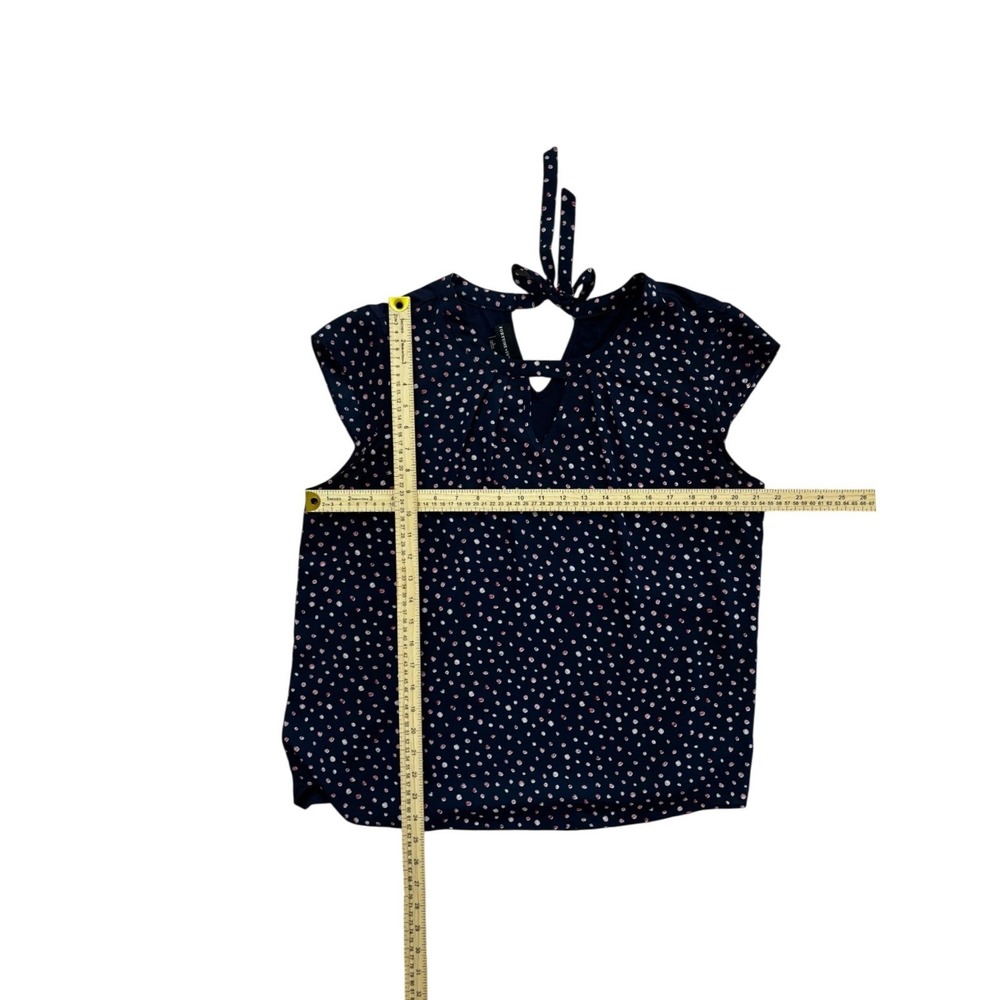 FORTUNE + IVY - Navy Polka Dot Keyhole Cap Sleeve Tie Back Blouse Women's Size L - Picture 8 of 13